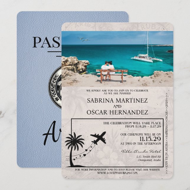 Dusty Blue Aruba Passport Hochzeit Einladung (Vorne/Hinten)