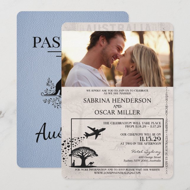 Dusty Blue Australia Pass Einladung zur Hochzeit (Vorne/Hinten)