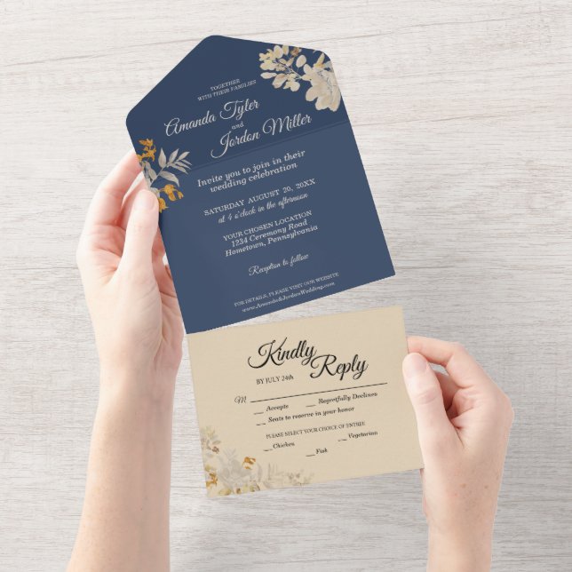 Dusty Blue Autumn Boho Wedding All In One Einladung (Abreißen)