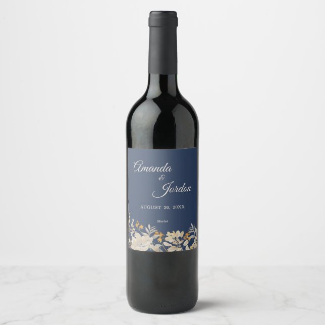Dusty Blue Autumn Boho Wedding Wine Label Weinetikett (Vorderseite)
