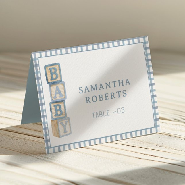 Dusty Blue Baby Blocks Editable Tent Cards  Tischnummer (Baby Shower Table Number)