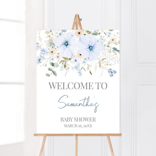 Dusty Blue Baby Bloom Baby Dusche Willkommen Poster (Boy Spring Flowers Baby Shower Welcome Sign)