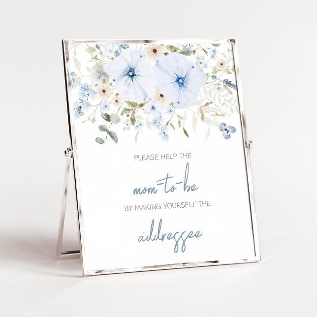 Dusty Blue Baby Bloom Baby Duschvorrichtung Poster (Boy Spring Flowers Baby Shower Envelope Station Sign)
