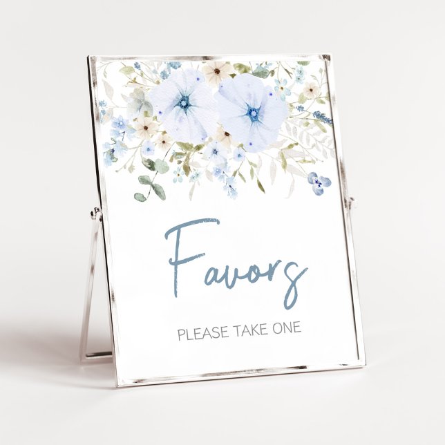 Dusty Blue Baby Bloom Baby Shower Favoriten Poster (Boy Spring Flowers Baby Shower Favors Sign)
