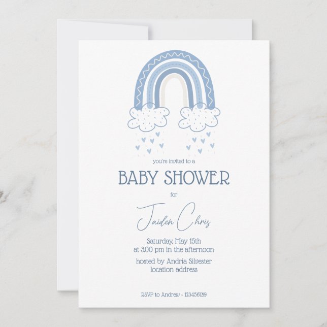 Dusty Blue Baby Boy Boho Style Babydusche Einladung (Vorderseite)