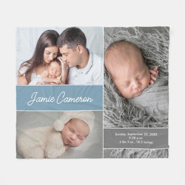 Dusty Blue Baby Boy Name Geburtsstaten Foto Collag Fleecedecke (Vorderseite (Horizontal))