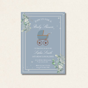 Dusty Blue Baby Carriage Baby Dusche Einladung