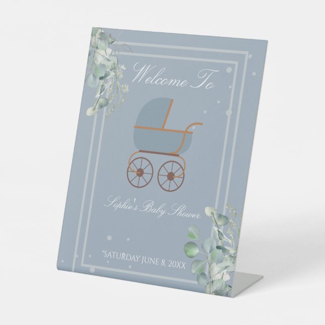 Dusty Blue Baby Carriage Welcome Sign Sockelschild (Vorderseite)