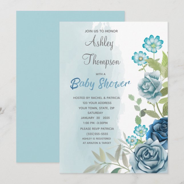 Dusty Blue Baby Dusche Blumenwasser Einladung (Vorne/Hinten)