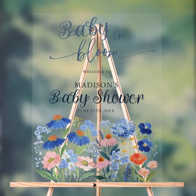 Dusty Blue Baby in Bloom Baby Shower Welcome  Acrylschild (Neutral)