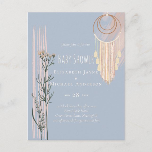 Dusty Blue Baby Shower Boho Postkarte (Vorderseite)