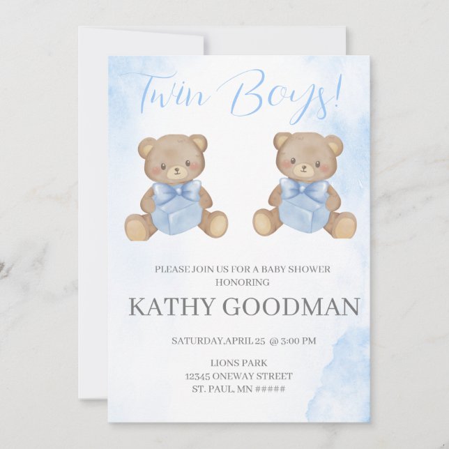 Dusty Blue Baby Shower Einladung für Zwillingsjung (Vorderseite)
