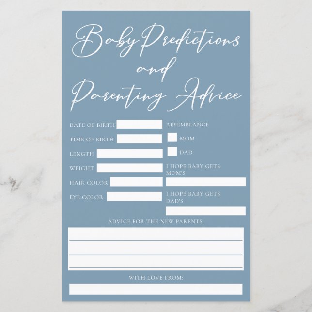 Dusty Blue Baby Shower Predictions Advice Card (Vorderseite)