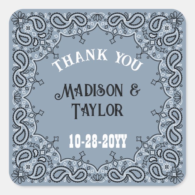 Dusty Blue Bandana Vielen Dank Western Wedding Quadratischer Aufkleber (Vorderseite)