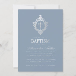 Dusty Blue Baptism Elegante Imitate Silver Wappen Einladung