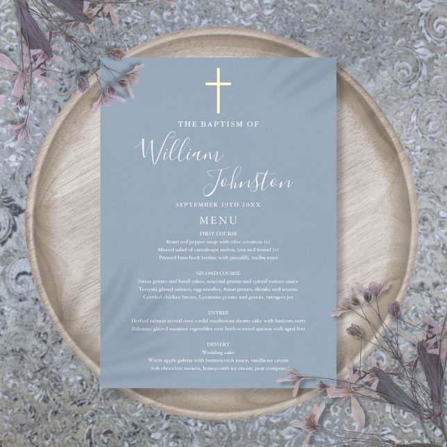 Dusty Blue Baptisse Christening Gold Foil Menu Car Folieneinladung (Dusty Blue Baptism Christening Gold Foil Menu Card)