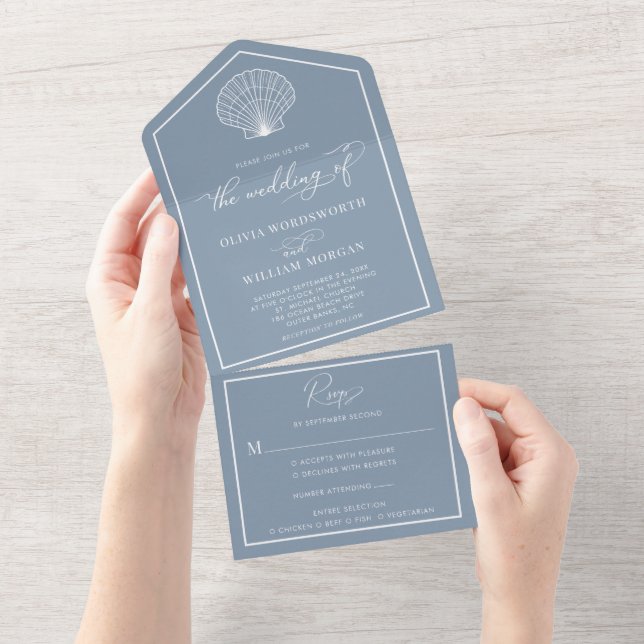 Dusty Blue Beach Seashell Coastal Wedding All In One Einladung (Abreißen)