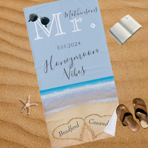 Dusty Blue Beach Wedding 2 Hearts Sand Seine Strandtuch