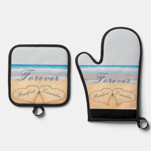 Dusty Blue Beach Wedding / Anniversary Hearts Sand Ofenhandschuh & Topflappen-Set