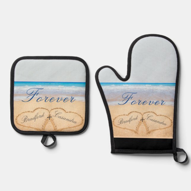 Dusty Blue Beach Wedding / Anniversary Hearts Sand Ofenhandschuh & Topflappen-Set (Vorderseite)