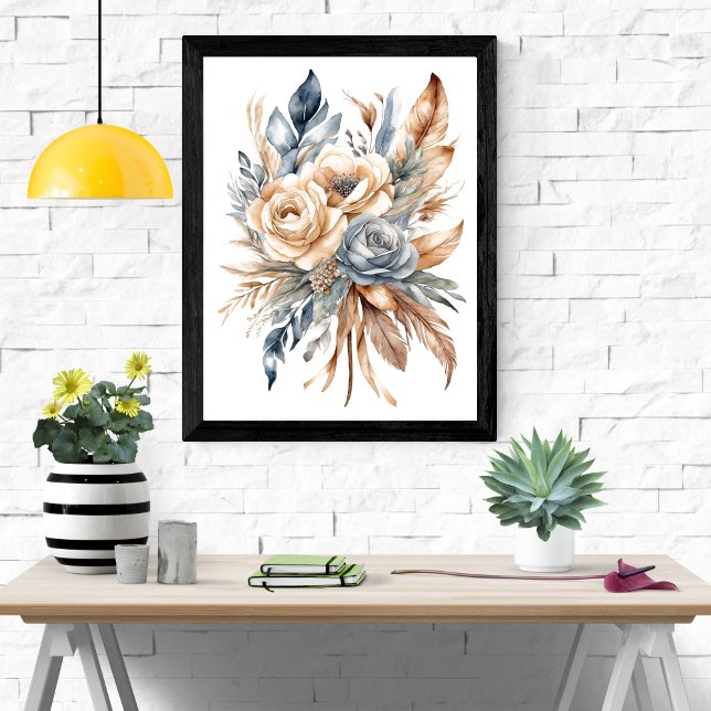 Dusty Blue Beige neutrale Farben Floral Boho Poster (Boho Dusty Blue Beige Floral Botanical Feathers Watercolor Wall Art poster print)