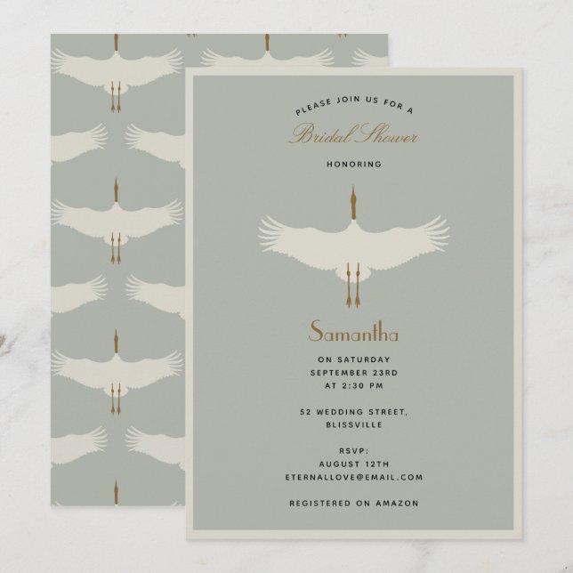 Dusty Blue Birds Swans Art Deco Brautparty Einladung (Vorne/Hinten)