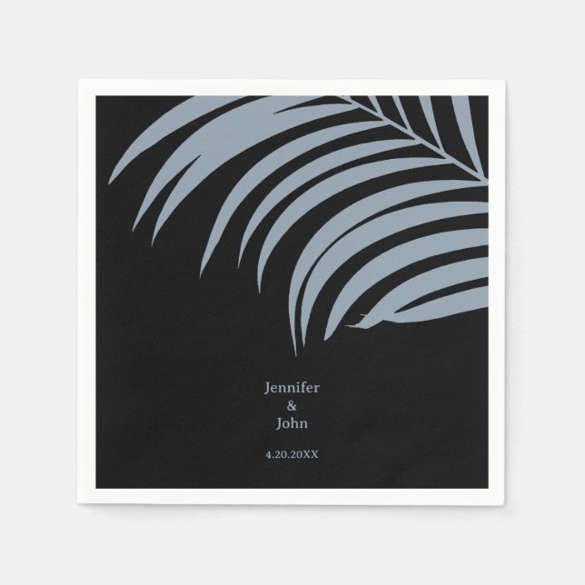 Dusty Blue Black Tropical Palm Blätter Hochzeit Serviette (Vorderseite)
