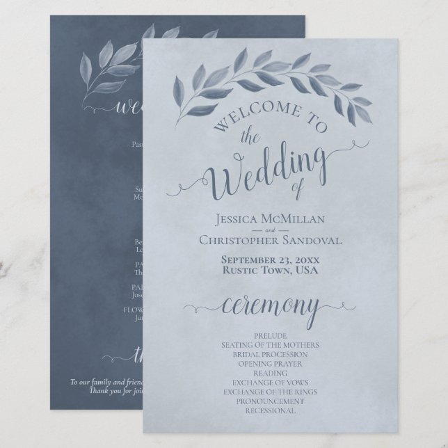 Dusty Blue Blätter Elegantes Budget Hochzeitsprogr (Vorne/Hinten)