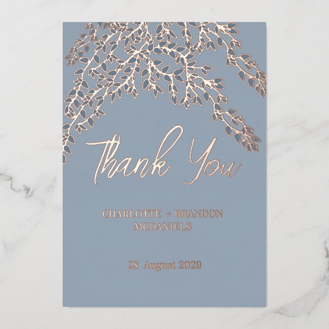 Dusty Blue Blätter Hochzeit Vielen Dank Rose Gold  Folieneinladung (Vorderseite)