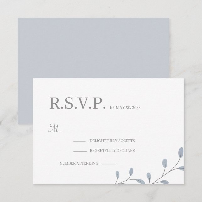 Dusty Blue Blätter Minimalistisch Chic Wedding RSV Einladung (Vorne/Hinten)