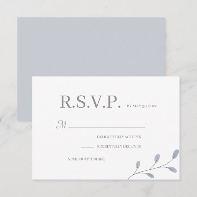 Dusty Blue Blätter Minimalistisch Wedding RSVP Einladung (Vorne/Hinten)