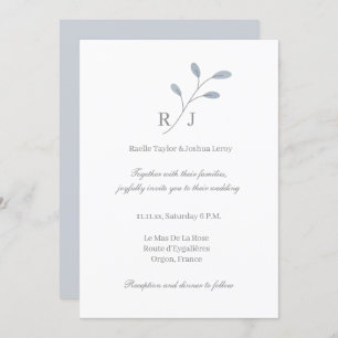 Dusty Blue Blätter Monogram Botanical Wedding Einladung