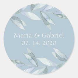 Dusty Blue Blätter Personalisierte Hochzeit Runder Aufkleber