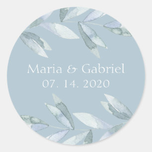 Dusty Blue Blätter Personalisierte Hochzeit Runder Aufkleber