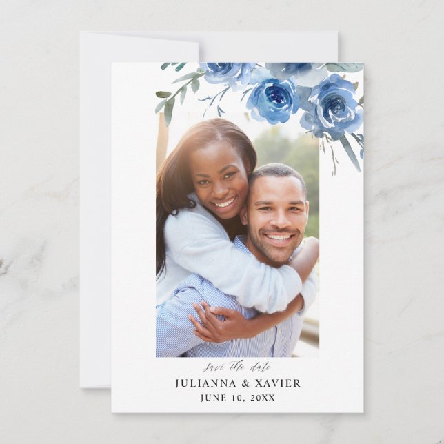 Dusty Blue & Blue Floral Save the Date Foto 2 (Vorderseite)