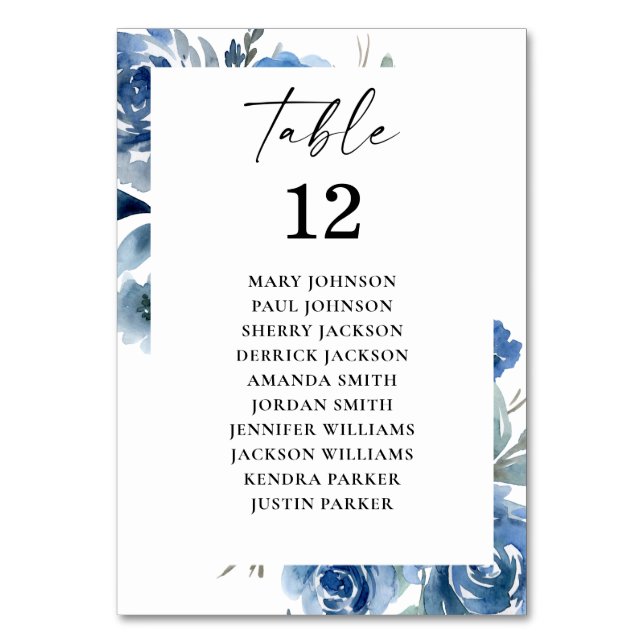 Dusty Blue & Blue Floral Tischnummer Seekarte (Vorderseite)