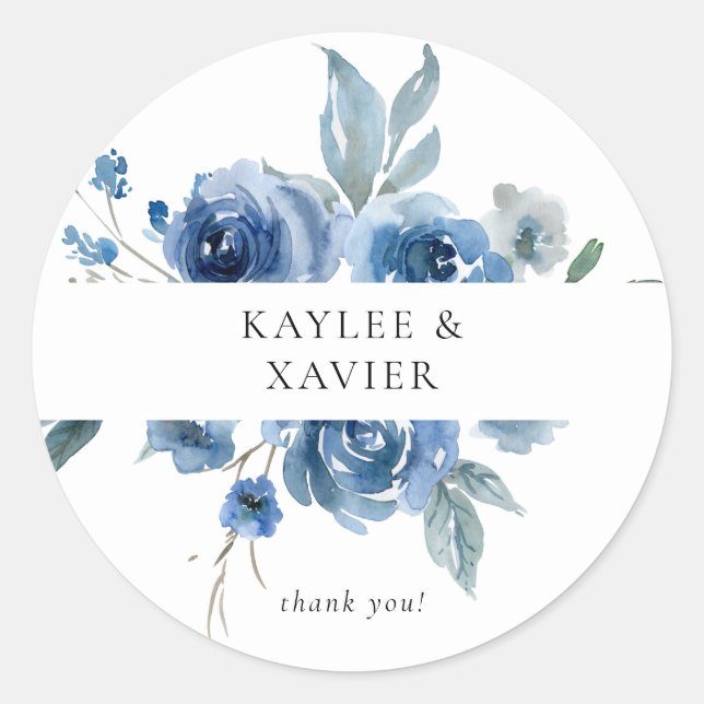 Dusty Blue & Blue Floral Vielen Dank Runder Aufkleber (Vorderseite)
