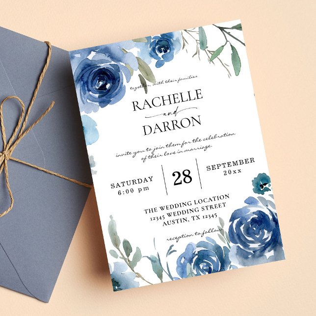 Dusty Blue & Blue Floral Wedding Einladung (Von Creator hochgeladen)