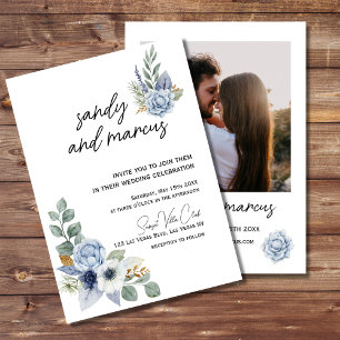 Dusty Blue Blume Wedding Foto Einladung