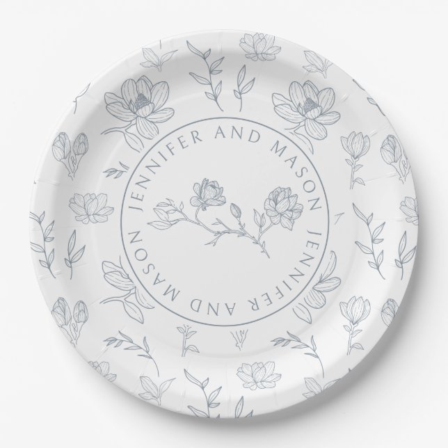 Dusty-Blue-Blumen-Hochzeitspapier-Teller Pappteller (Vorderseite)