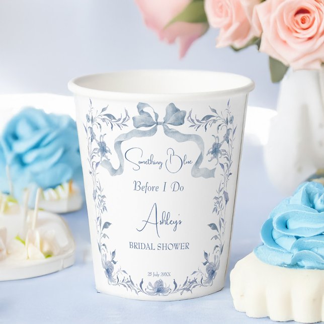 Dusty Blue Blumenband Elegantes Brautparty Pappbecher (Dusty blue vintage floral ribbon bow elegant coquette bridal shower personalized printed paper cups)