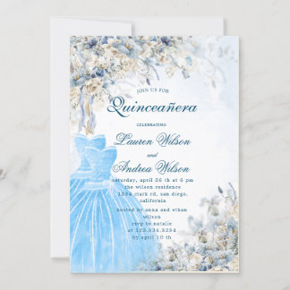 Dusty Blue Blumenzwillinge Quinceañera Einladung