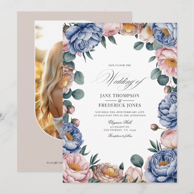 Dusty Blue, Blush, and Warm Taupe Floral Wedding Einladung (Vorne/Hinten)