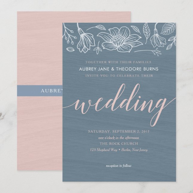Dusty Blue & Blush Blume Hochzeitskarte Einladung (Vorne/Hinten)