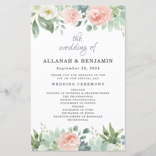 Dusty Blue Blush Blumengarten Hochzeitsprogramme (Vorderseite)