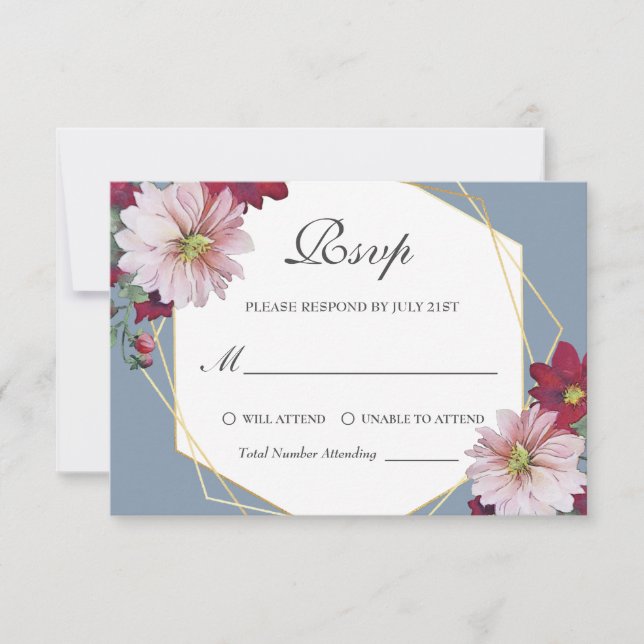 Dusty Blue Blush Burgundy Floral Gold Wedding RSVP Karte (Vorderseite)