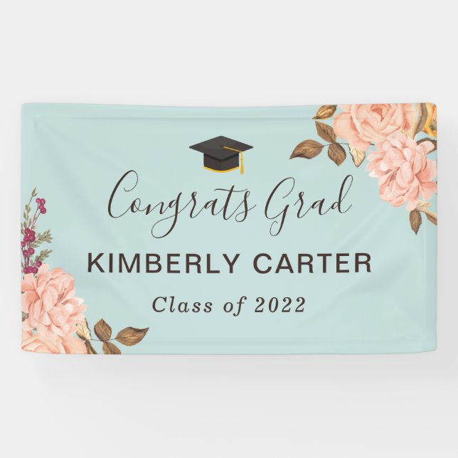 Dusty Blue Blush Floral Graduate Party Banner (Horizontal)