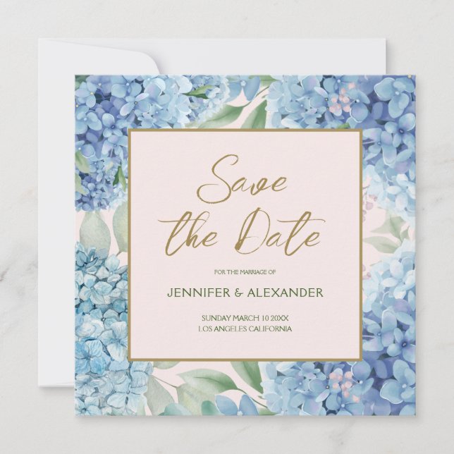 Dusty Blue Blush Hydrangea Square Save the Date Einladung (Vorderseite)