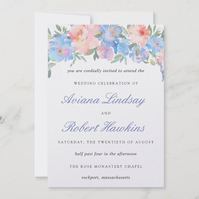 Dusty Blue Blush Pink Blues Hochzeit Einladung (Vorderseite)