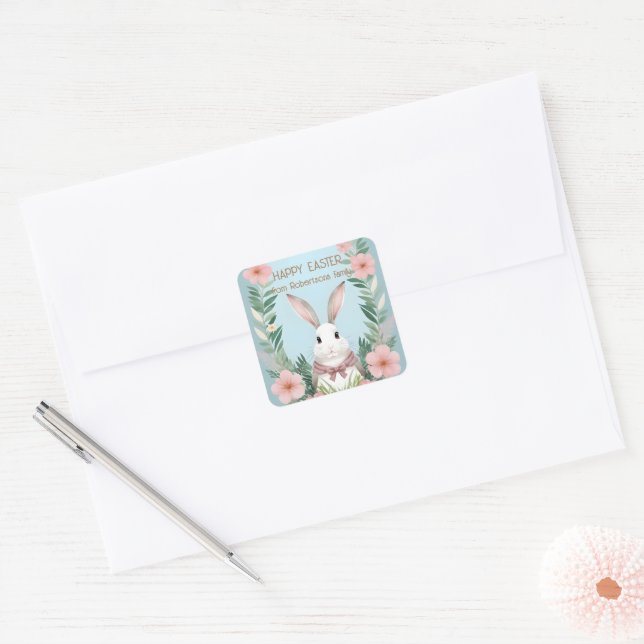 Dusty Blue Blush Pink Blume Bunny Rabbit Oster Quadratischer Aufkleber (Umschlag)